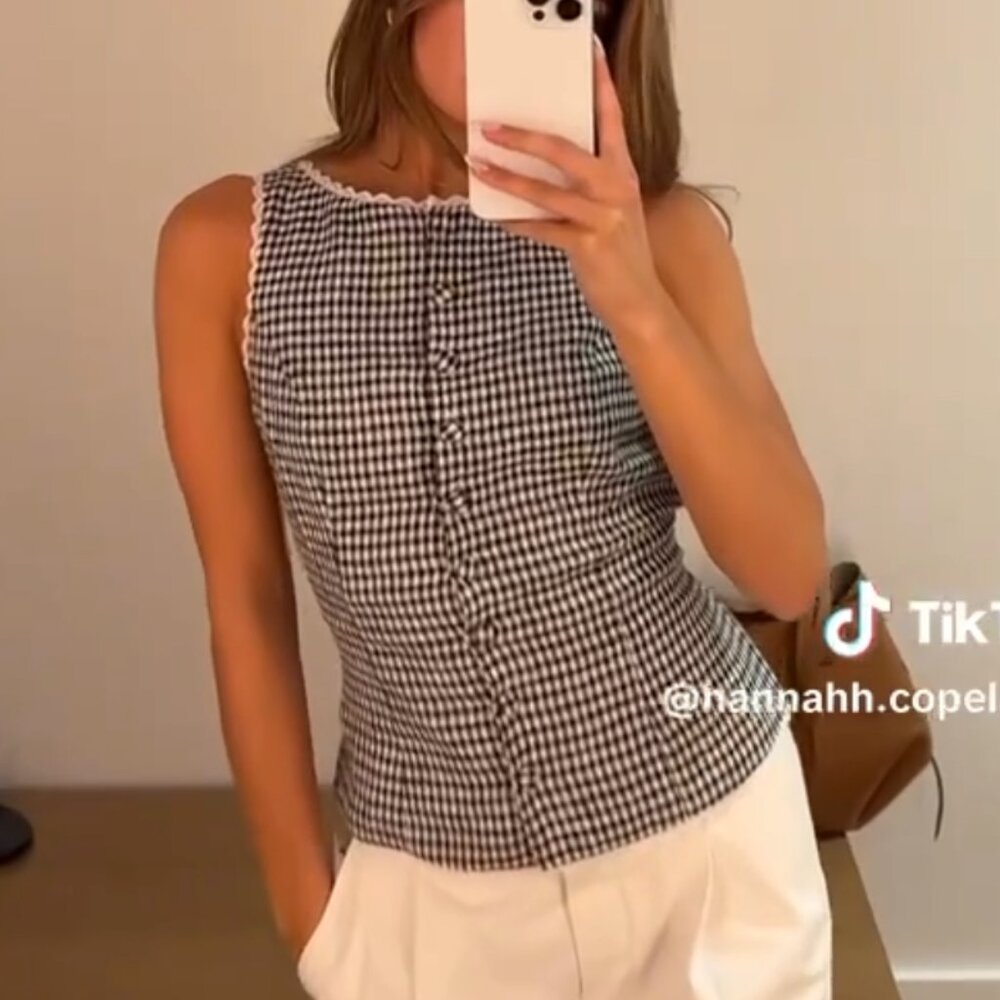 NWOT Reformation Amela Gingham Linen Top - Picture 3 of 13